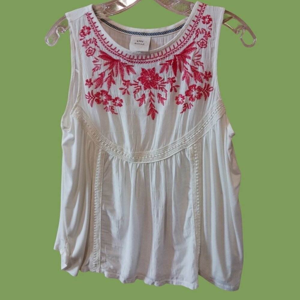 Knox Rose Womens Sleeveless White Top With Red Floral Embroidery Small - Picture 7 of 12